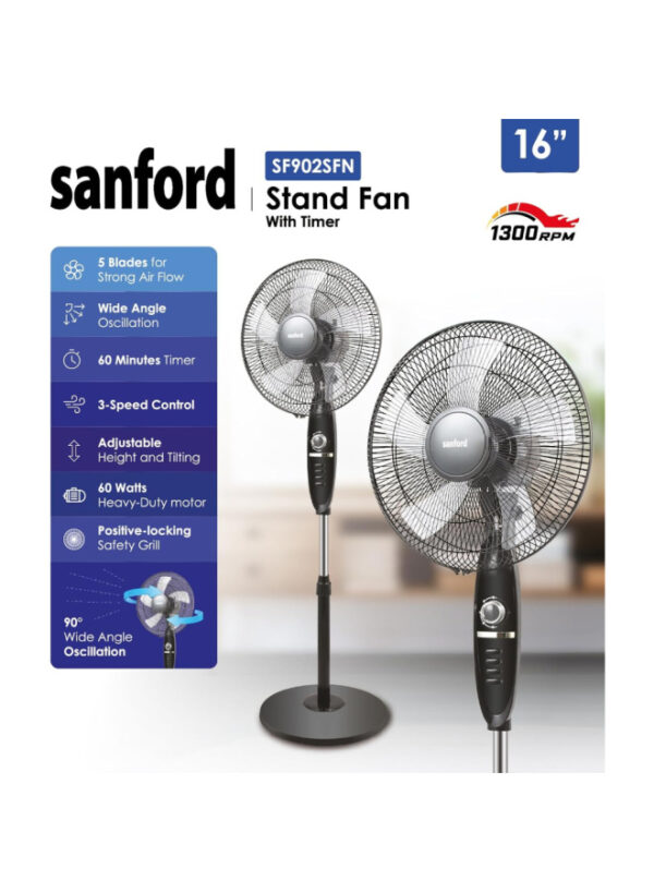 Sanford Stand Fan 60 W 3 Speeds and Height Control - Black - SF9025FN