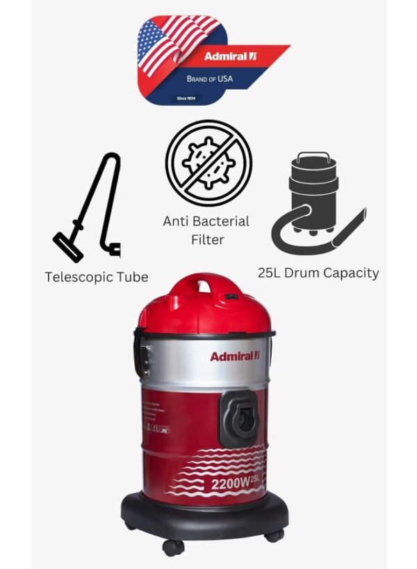 Admiral Drum Vacuum Cleaner Drum Style - 2200 W - 25 Liters - Red - ADVD2522AC